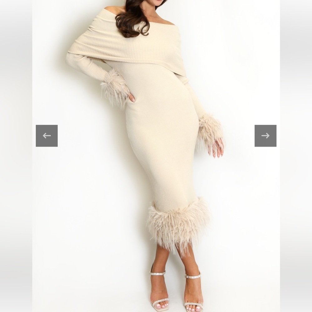 JOLLYA Off-Shoulder Cream Knit Dress with Feather Trim Size M/L P-36